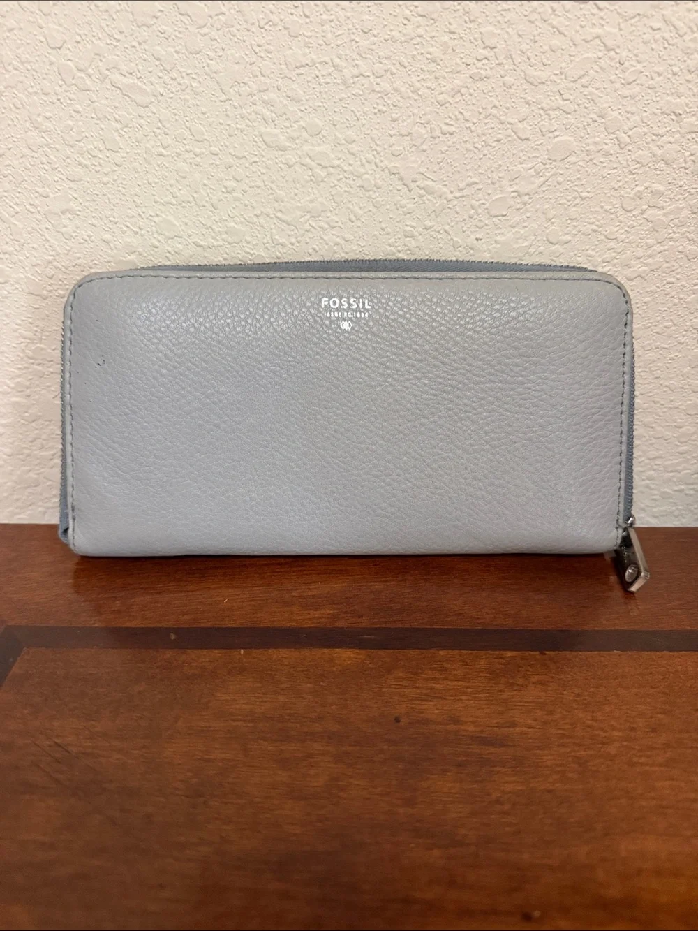 Fossil Light Gray Zip-Around Pebbled Leather Wallet